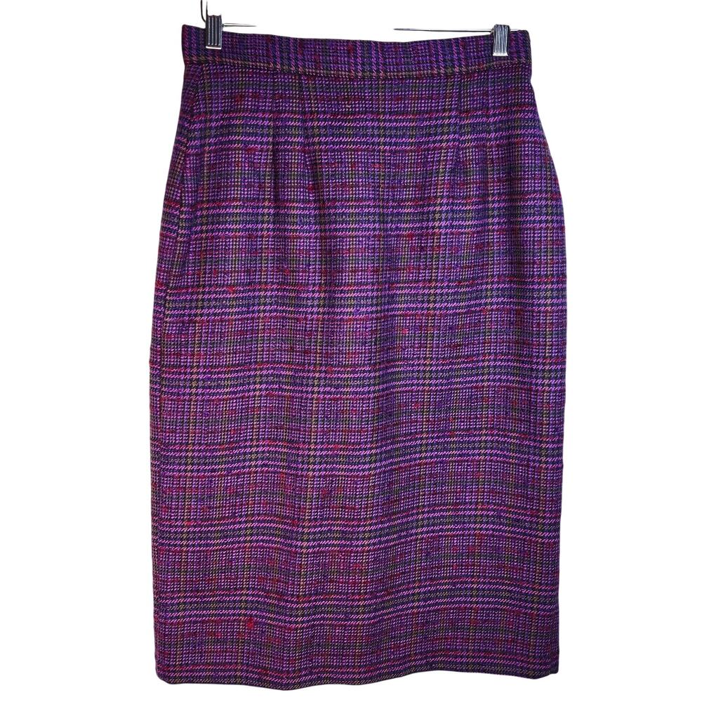 Vintage Alexon Wool Mohair Purple and Pink Plaid Tweed Midi Skirt Size 10